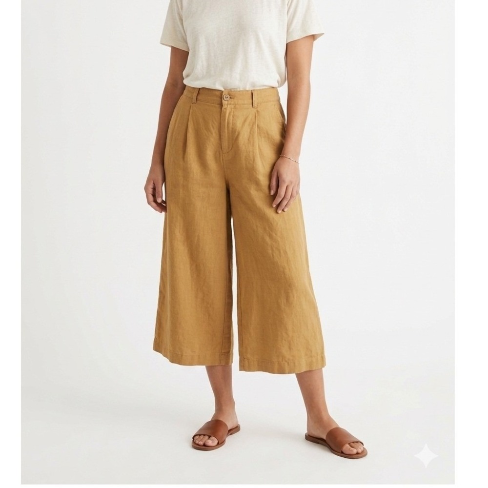 Uniqlo Wide Leg Culottes Womens 11 Brown Linen Blend Crop Pleated Summer Boho